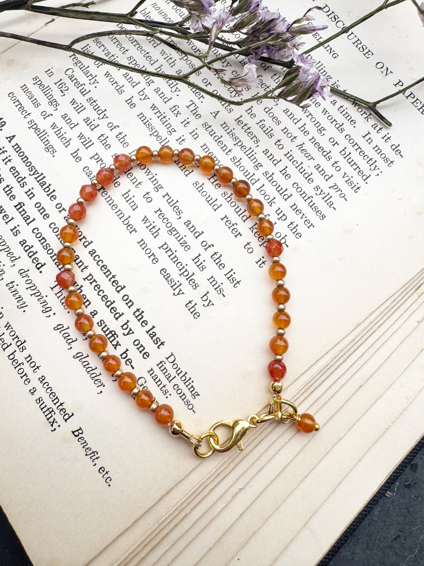 Carnelian agate round stone, gold metal, bracelet