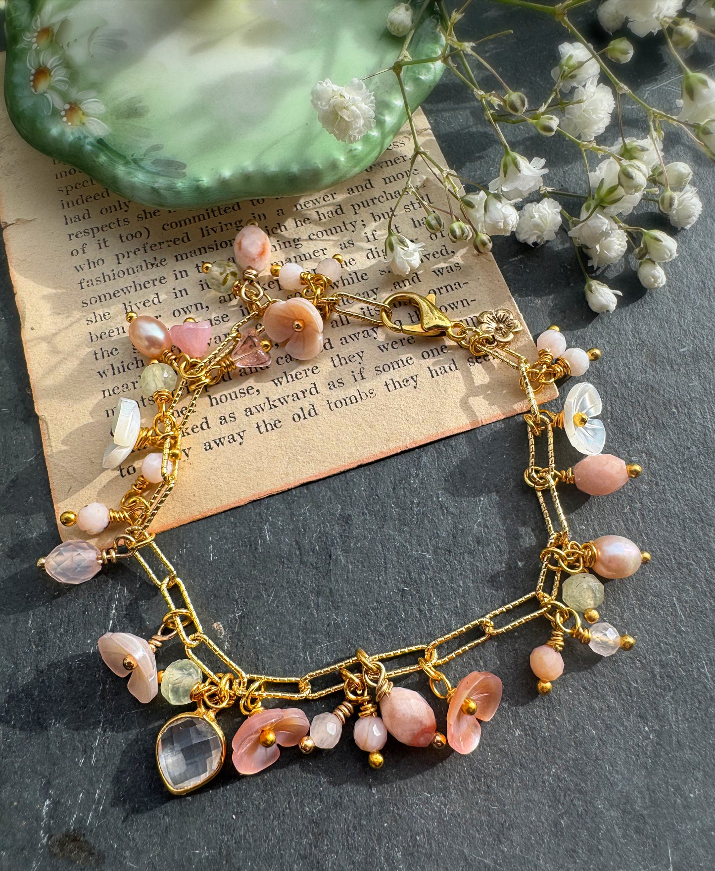 Pink opal, pink shell blossoms, pearls, peridot, rose quartz, gold charm, 14K Heavy Gold Plated Chain, vermeil gold, bracelet.