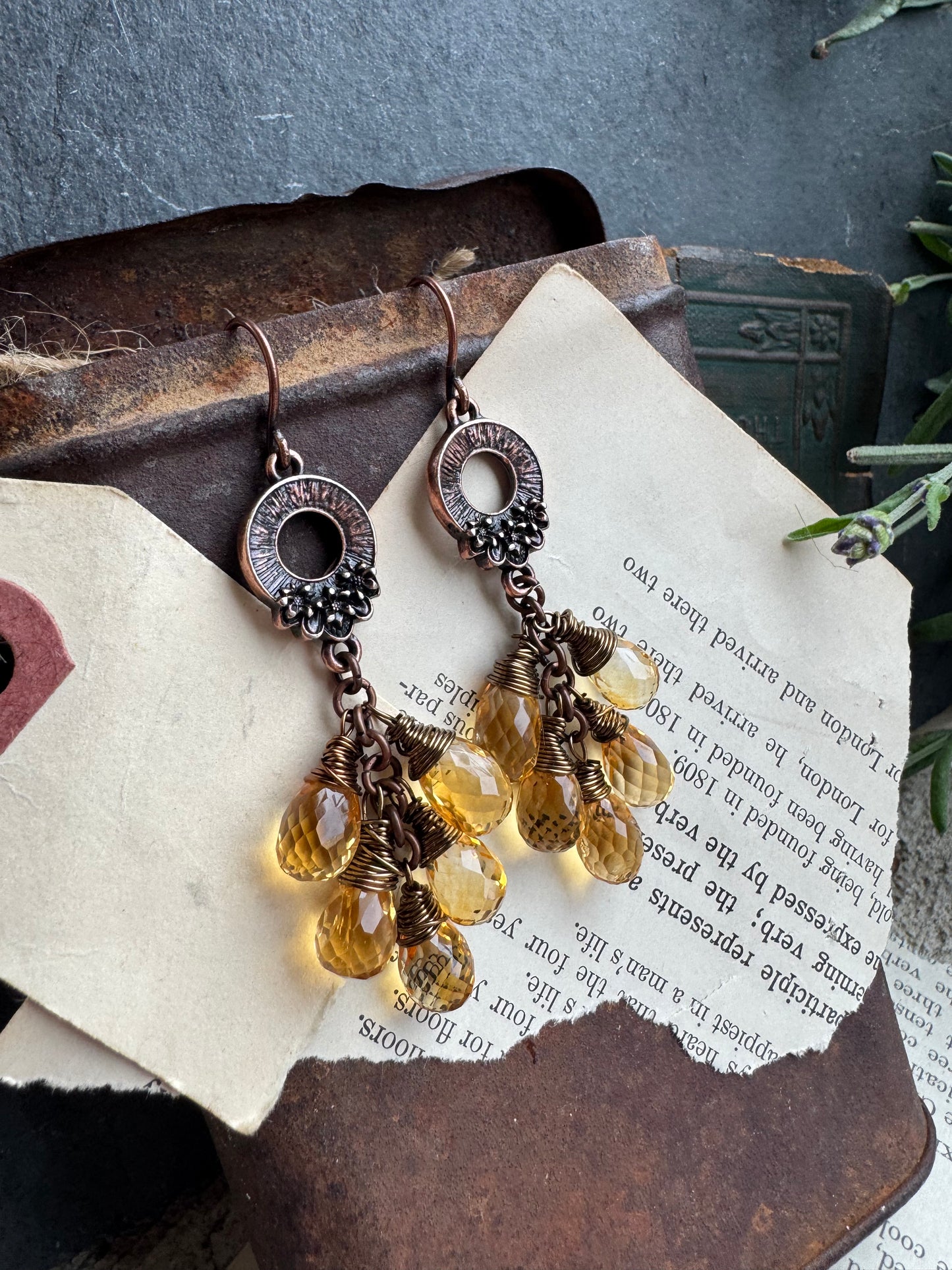 Flower copper detailed charms, faceted citrine stone, copper earrings