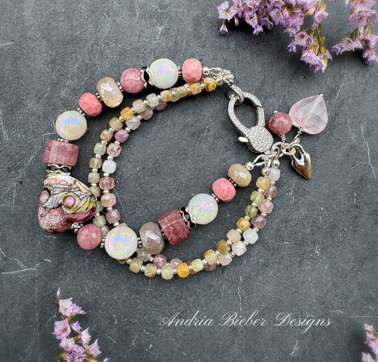 Heart handmade lampwork glass, moonstone, strawberry, quartz, rhodochrosite, green jade, rose quartz, rhinestone clasp