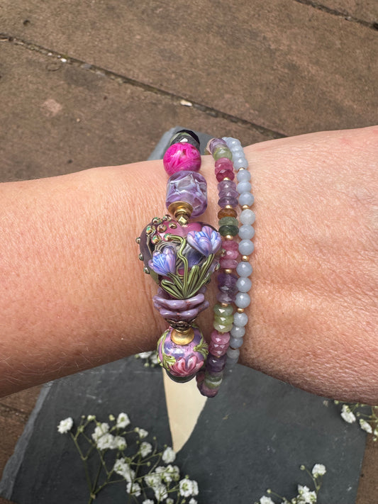 Lampwork glass, tourmaline, amethyst, iolite, jade, blue opal, prehnite, Czech glass and flower clasp