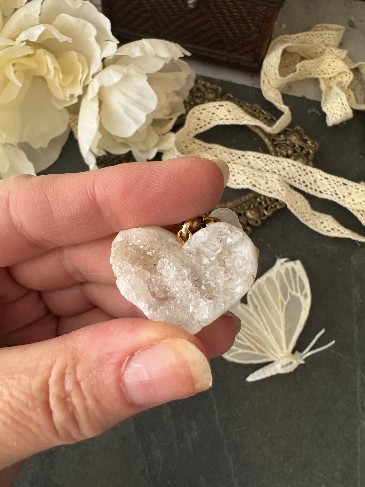 (Moonstone, selenite stone, heart druzy pendant, brass metal, necklace