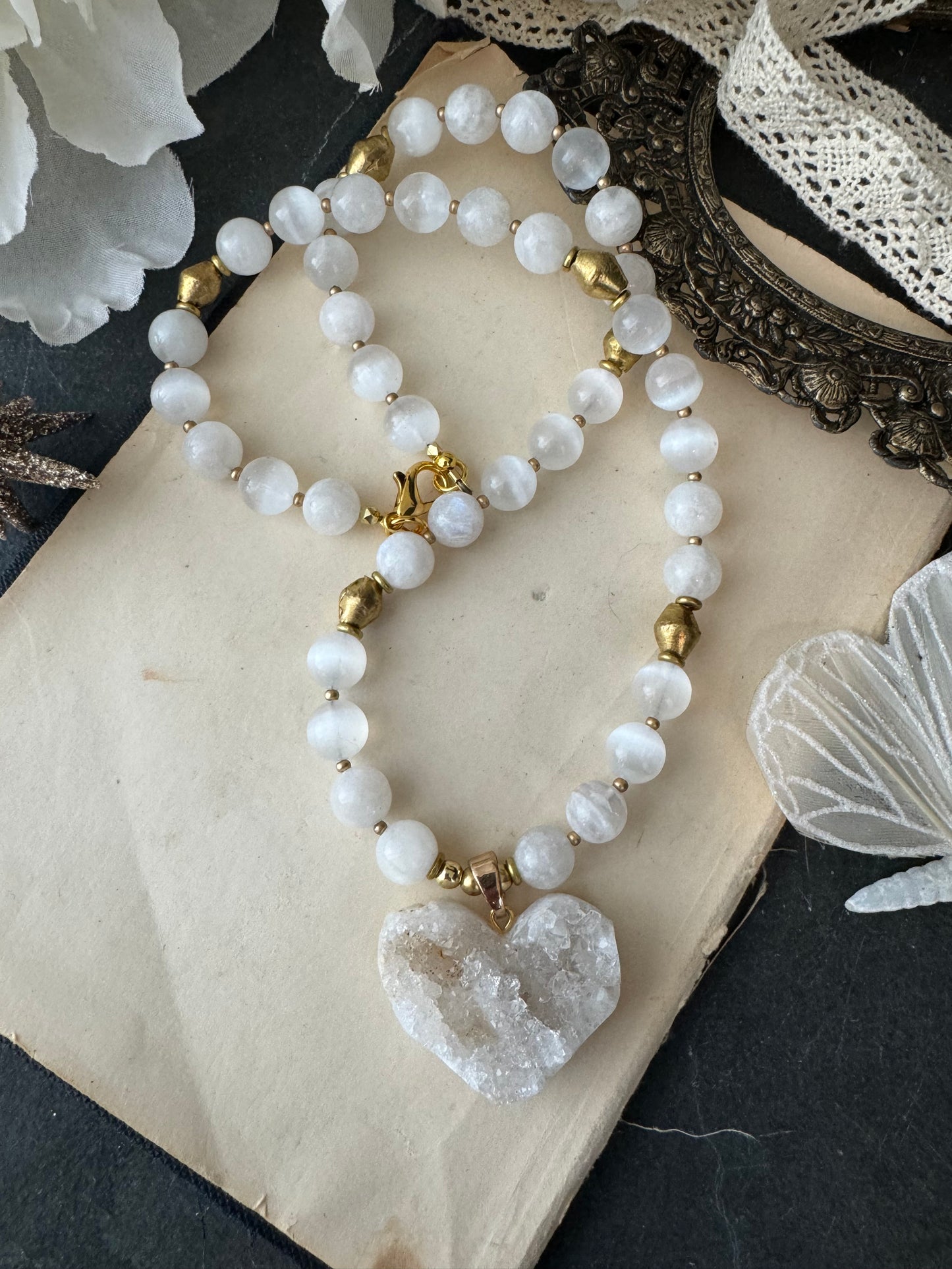 (Moonstone, selenite stone, heart druzy pendant, brass metal, necklace