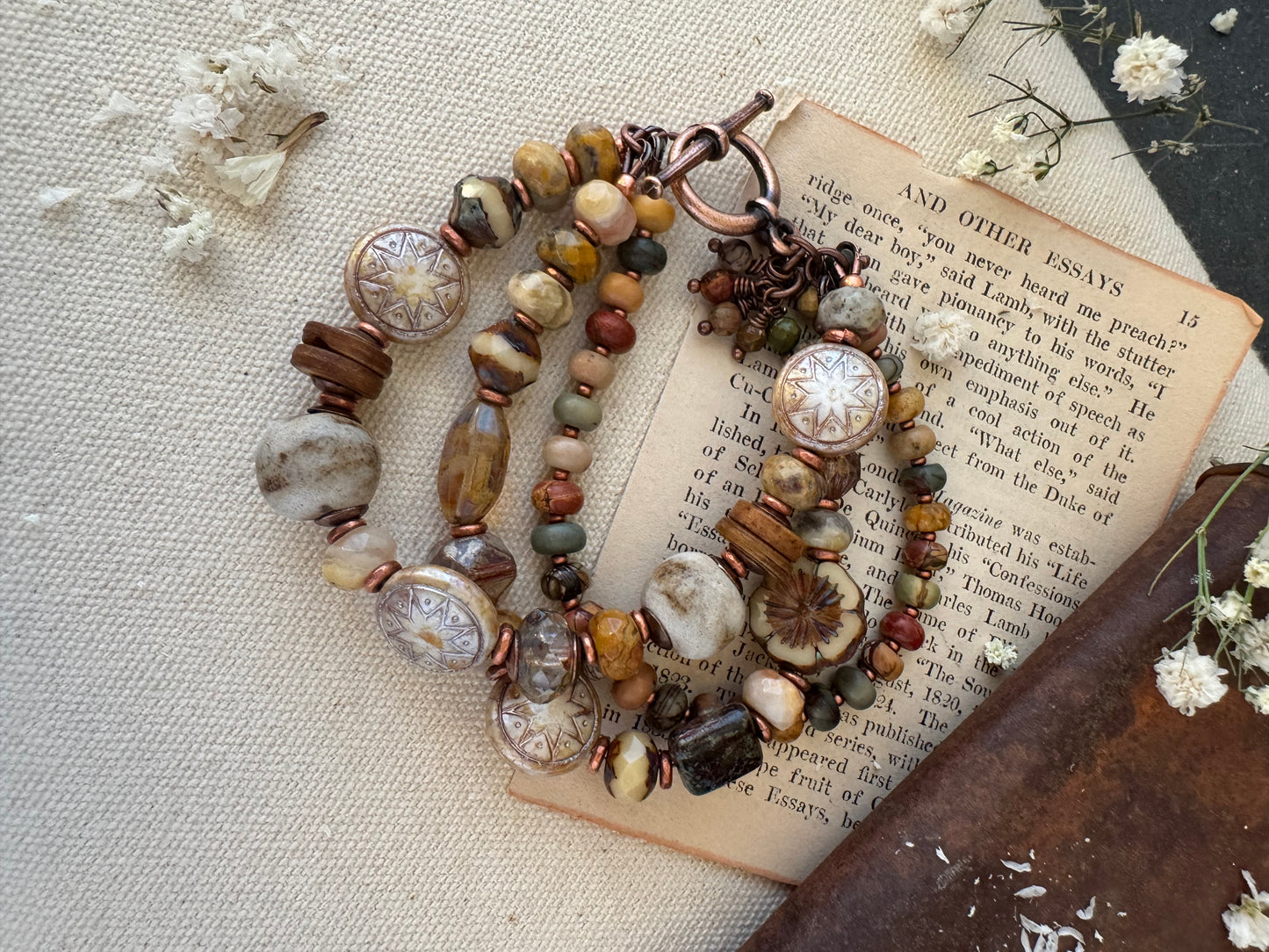 Jasper, crazy lace agate, ceramic,copper metal, bracelet.