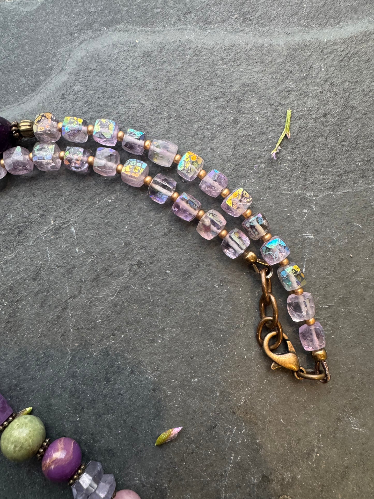 Handmade lampwork glass pendant, mixed gemstone, bronze metal necklace