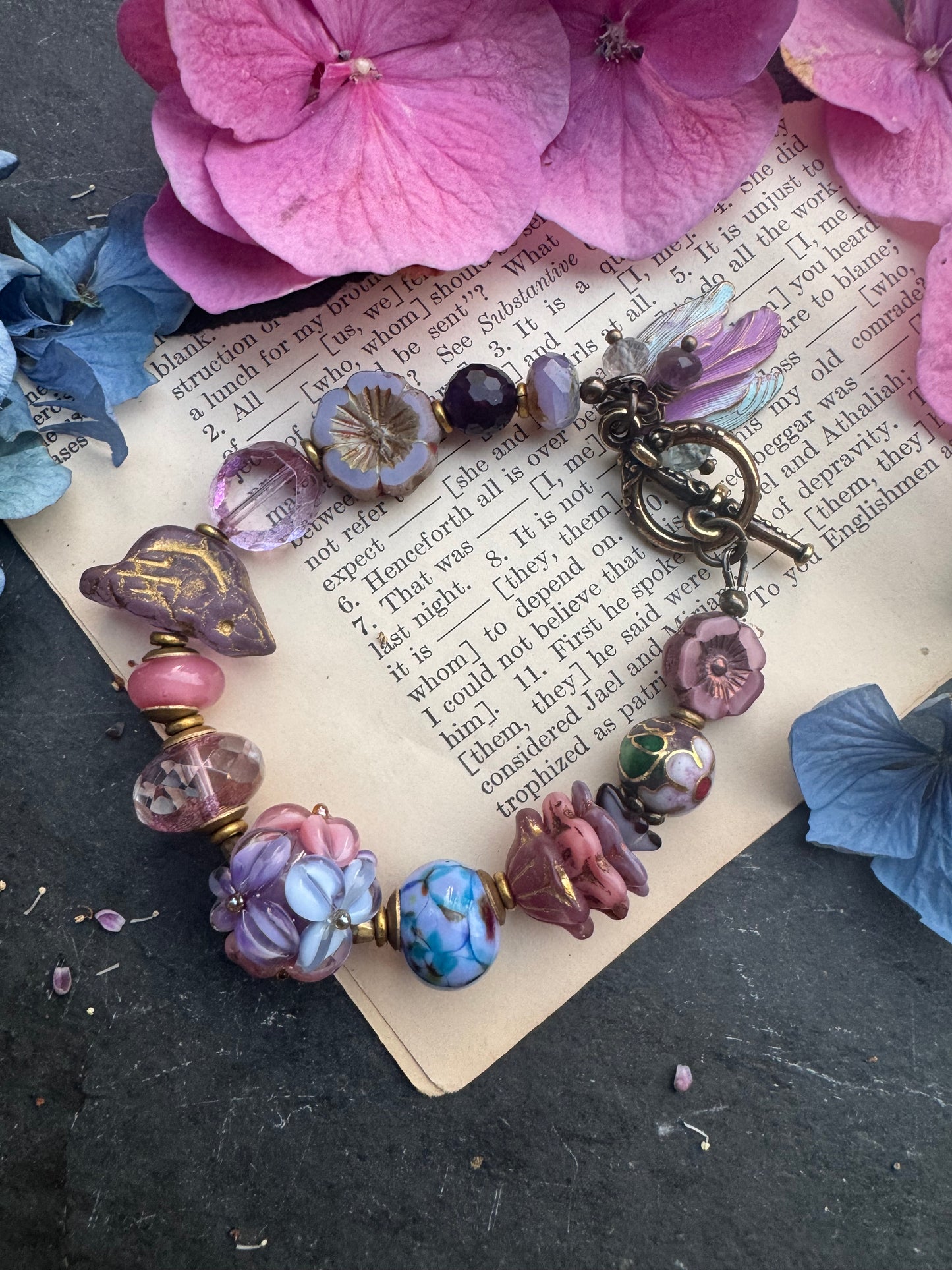 Handmade flower lampwork glass, Czech glass, ceramic, brass metal.