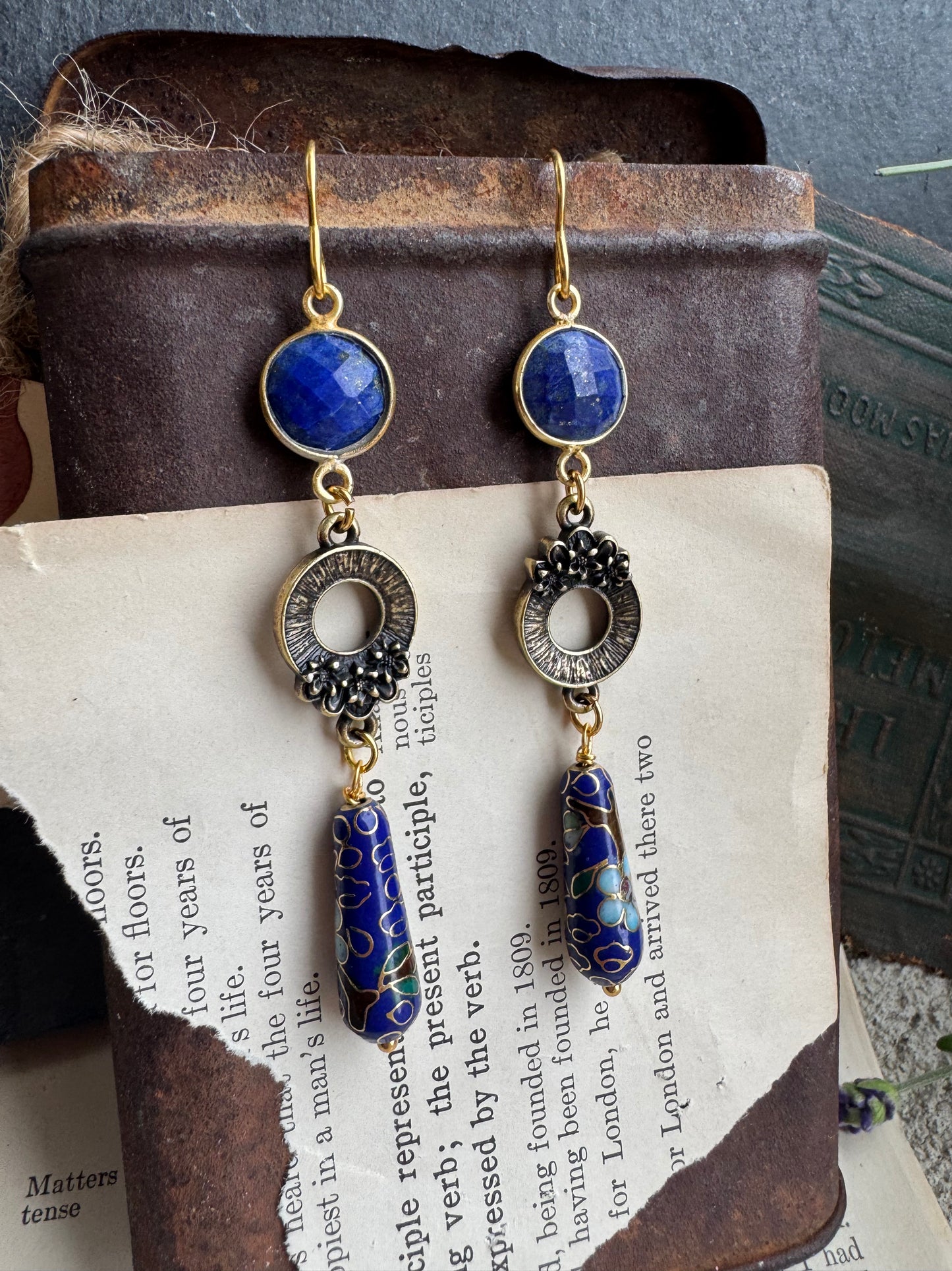 Gold flower charms, lapis stone, Cloisonné beads, earrings