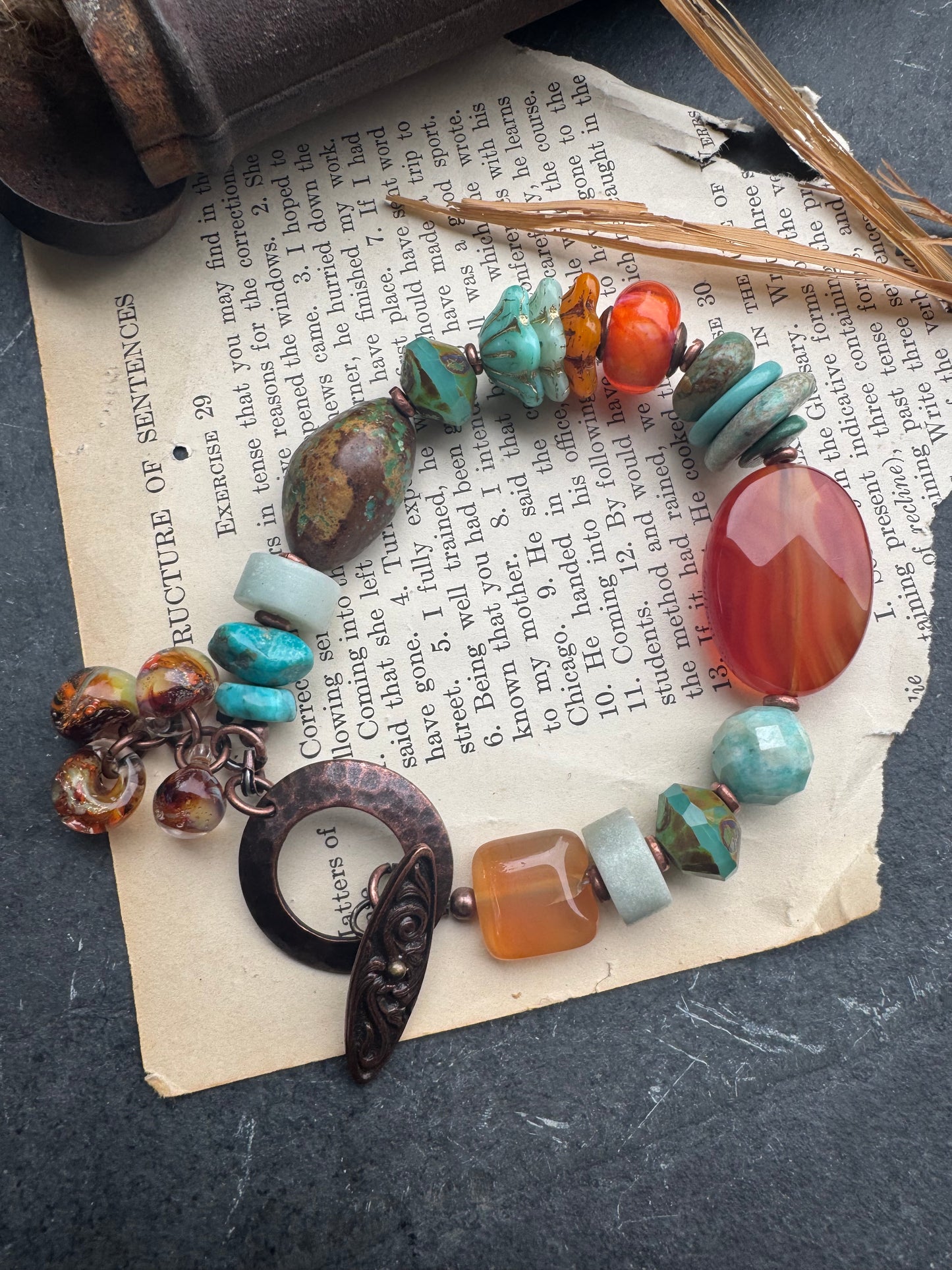 Turquoise (kingman), carnelian agate, Amazonite, Czech glass, copper, lampwork glass, bracelet