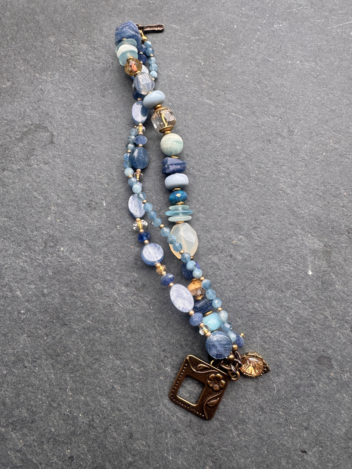 Kyanite, Chalcedony, blue opal, aquamarine stone, czech glass, brass, bracelet.
