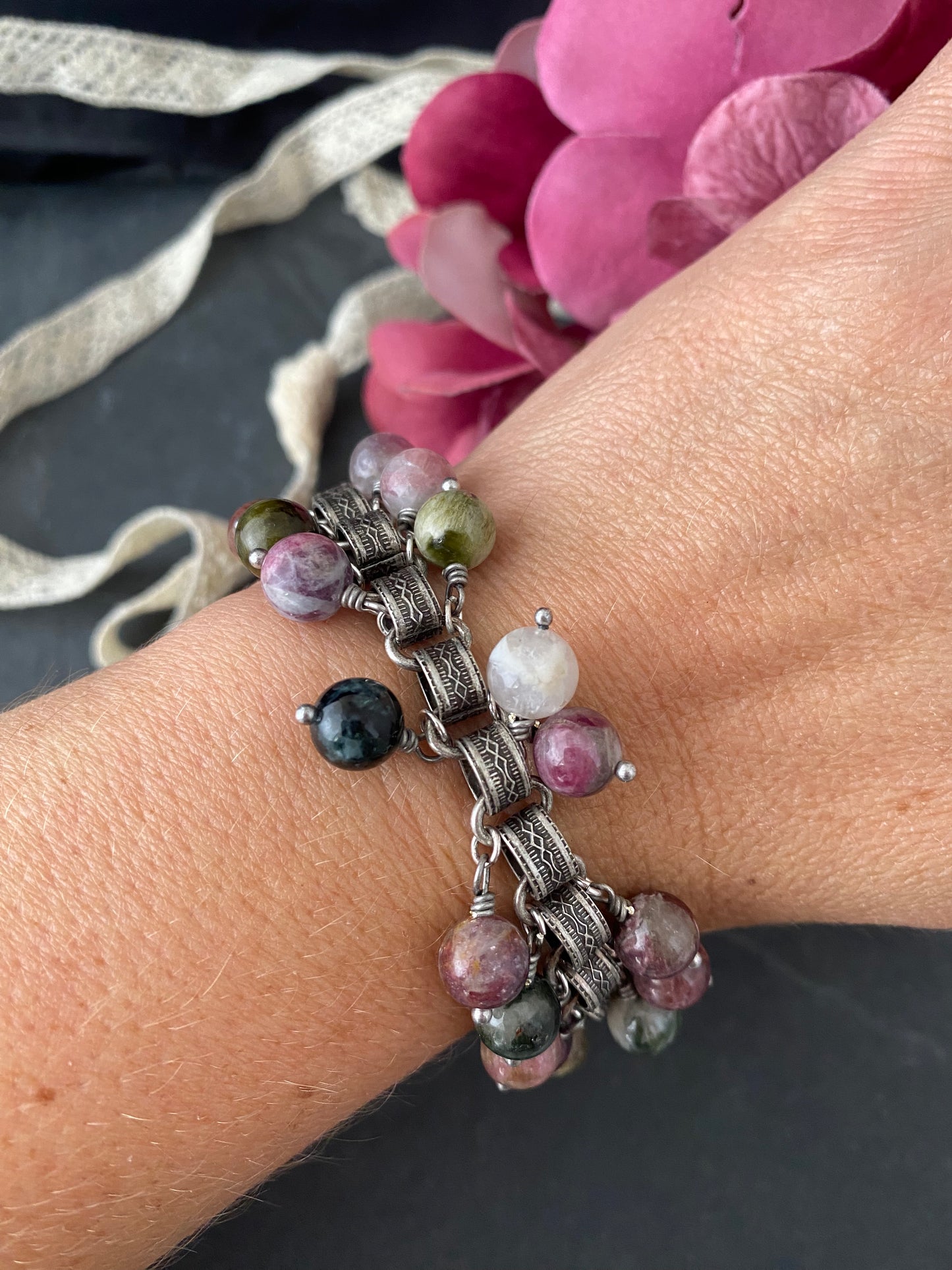 Watermelon tourmaline gemstone, chain, silver bracelet, jewelry