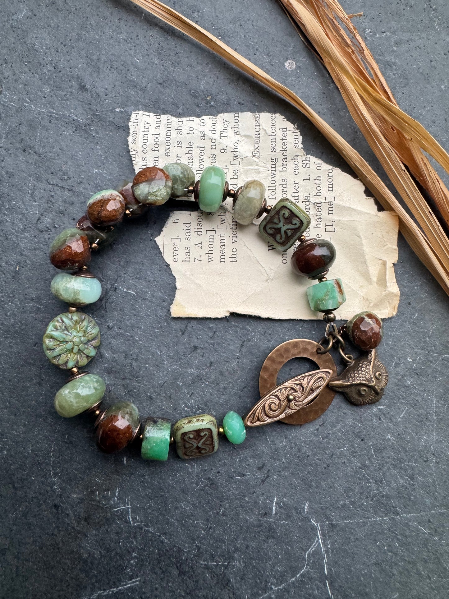 Chrysoprase stone, Czech glass, bracelet