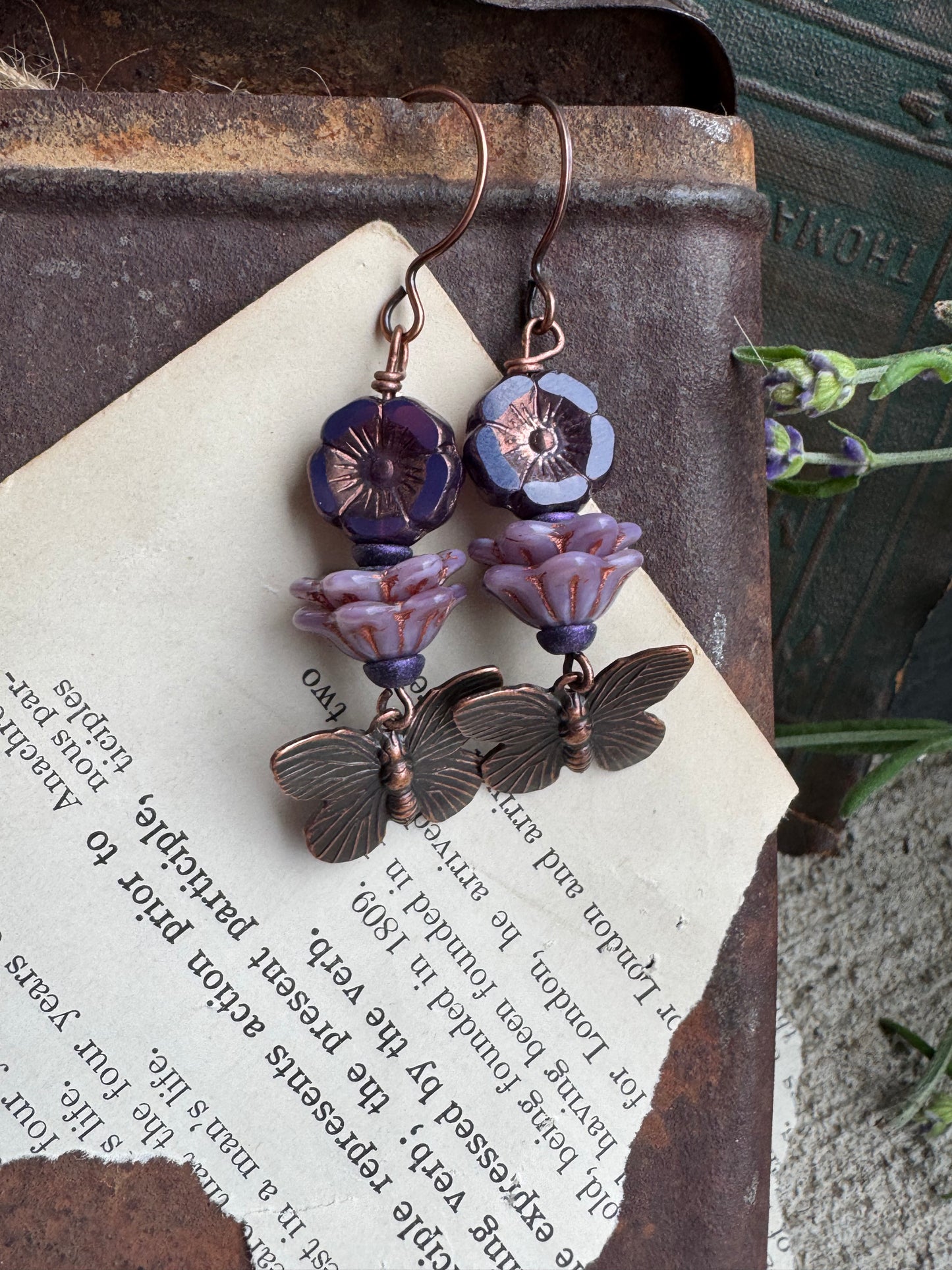 Butterfly copper detailed charms,Czech glass, copper earrings