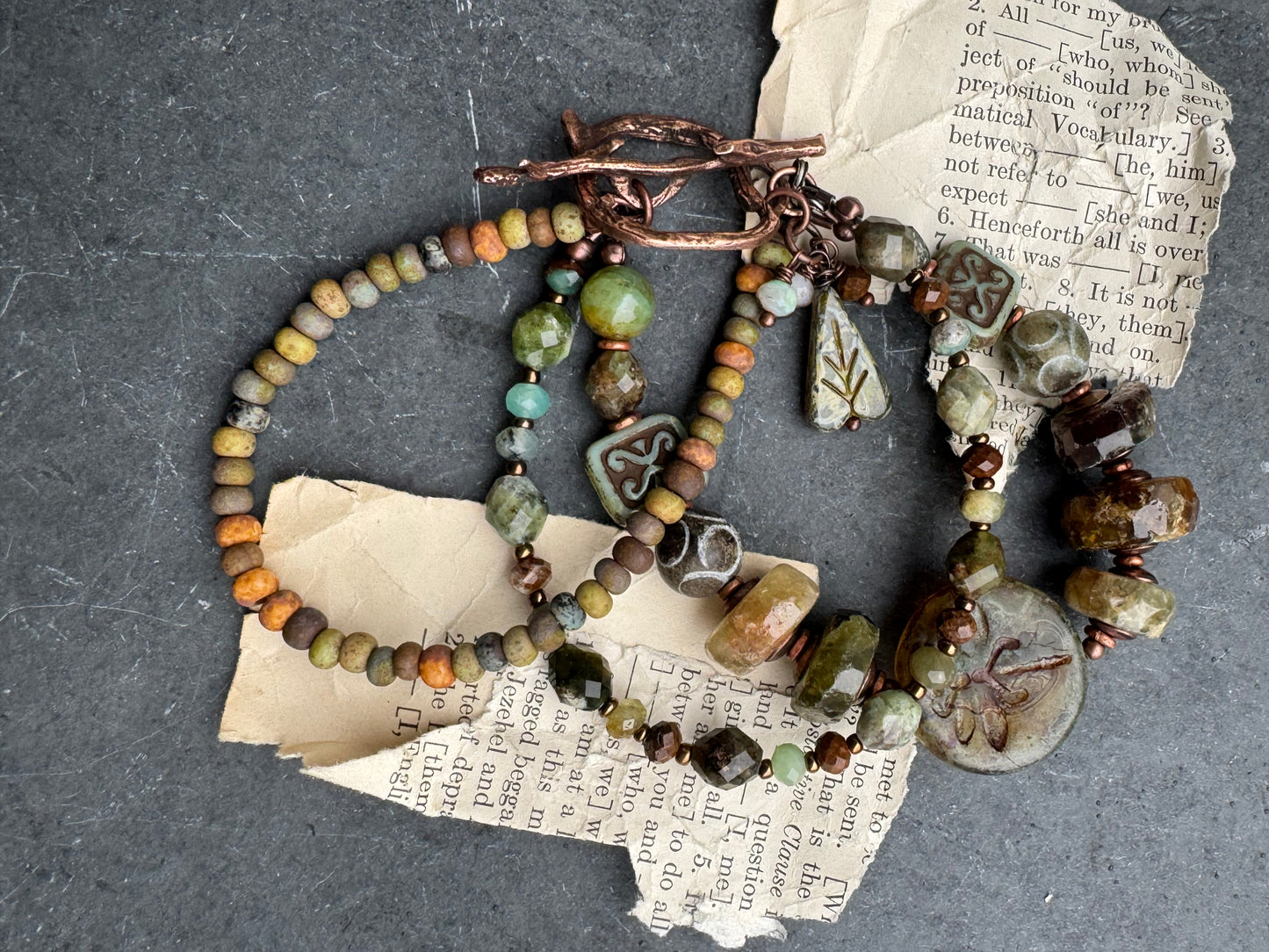Green garnet, czech glass, Amazonite, African brass, bracelet