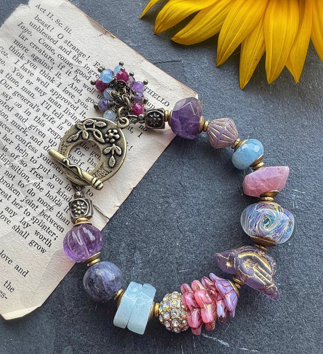 Purple and blue. Mixed gemstone, lampwork glass, czech glass, brass, bronze metal, bracelet