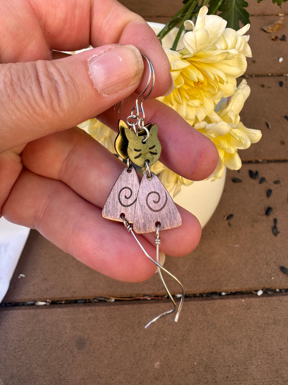 Cat metal charms and mixed metal, small earrings