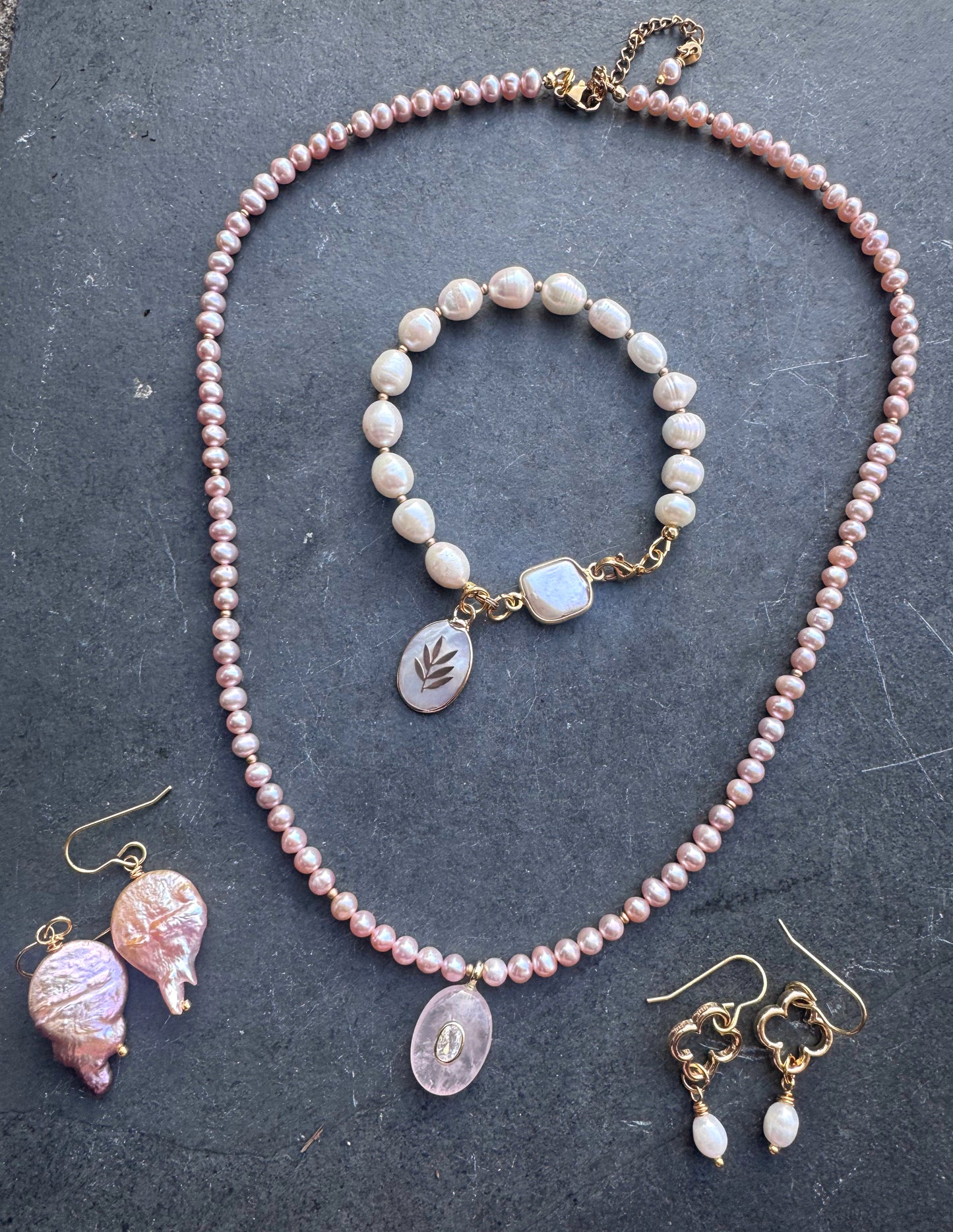 Pink Freshwater pearls, rose quartz drop, and gold metal, necklace