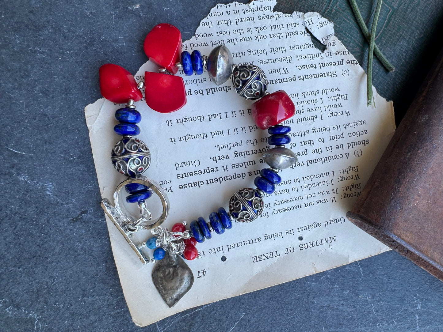 Lapis lazuli stone, red coral, silver metal, bracelet