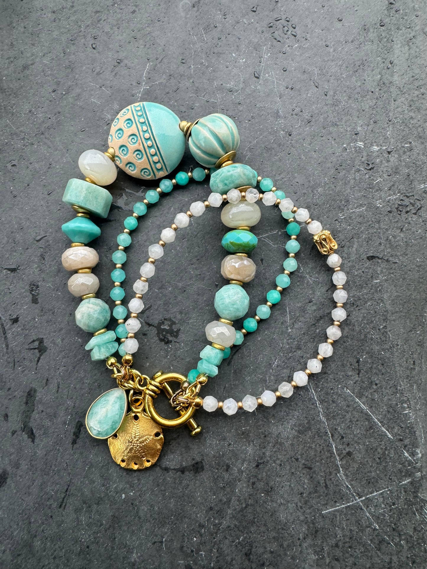 Amazonite, moonstone, ceramic beads, Czech glass, gold metal, bracelet