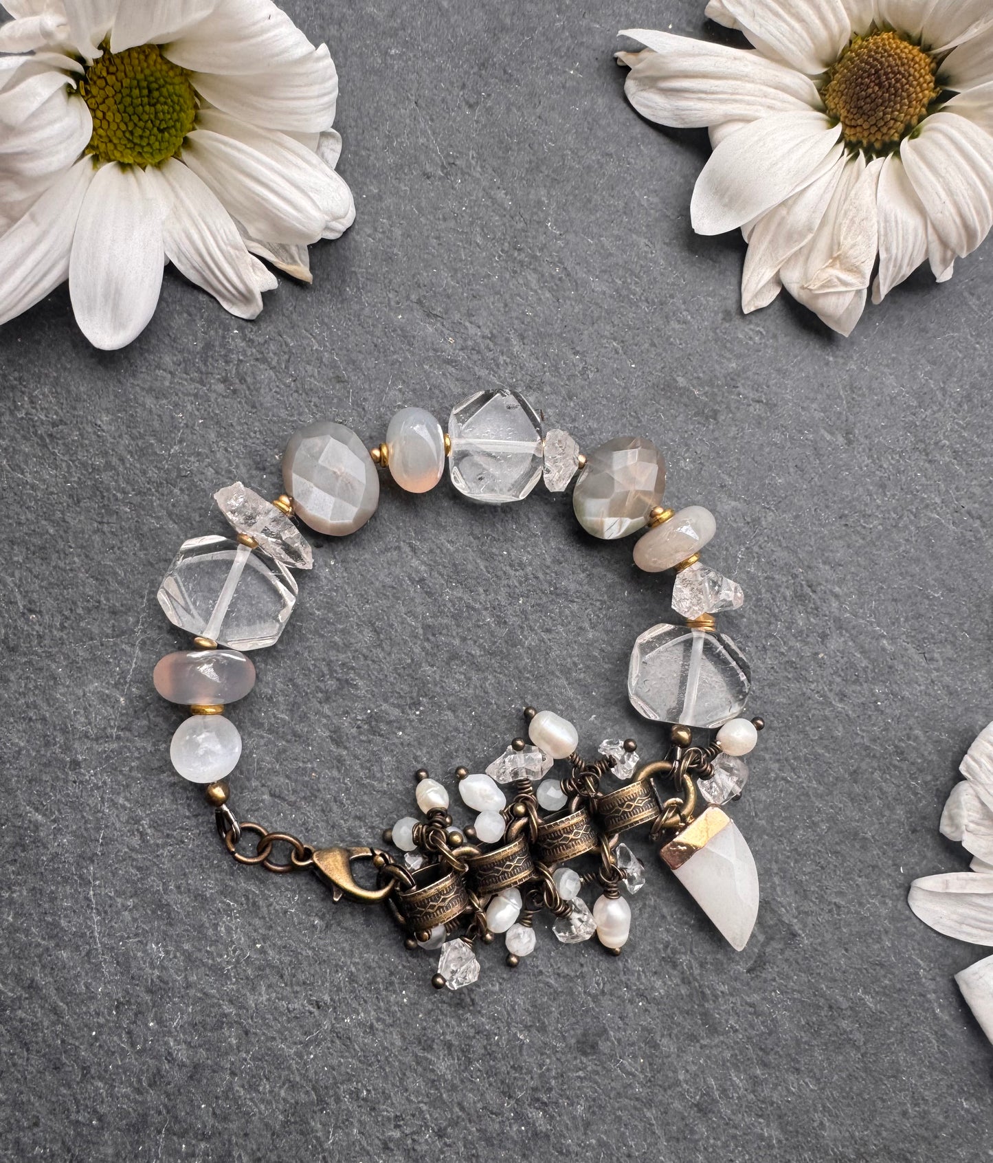 Moonstone, Herkimer diamond, clear quartz, selenite, bronze metal, bracelet