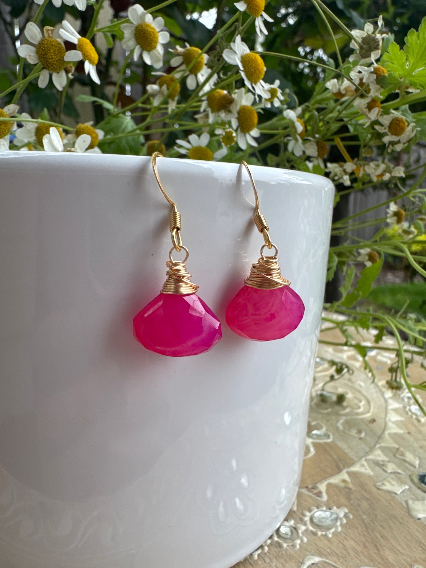 Pink Chalcedony Quartz, gold metal, earrings