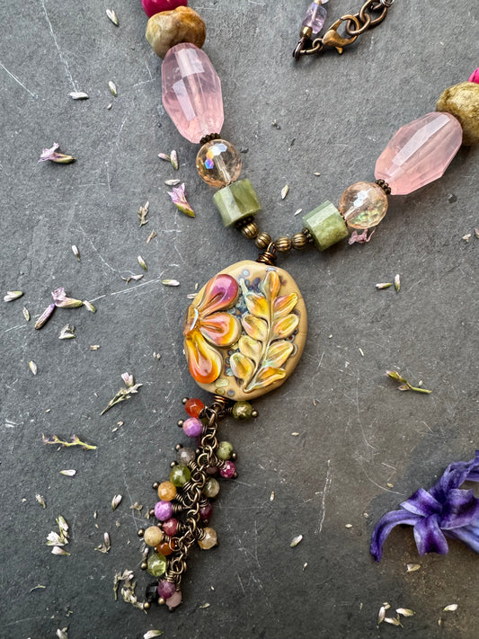 Handmade lampwork glass pendant, mixed gemstone, bronze metal necklace