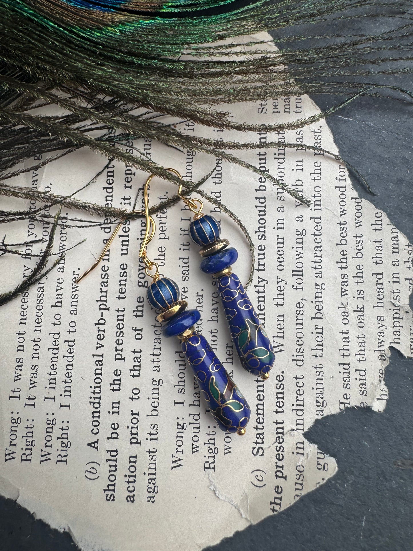 Lapis lazuli stone, cloisonné ,gold metal, earrings