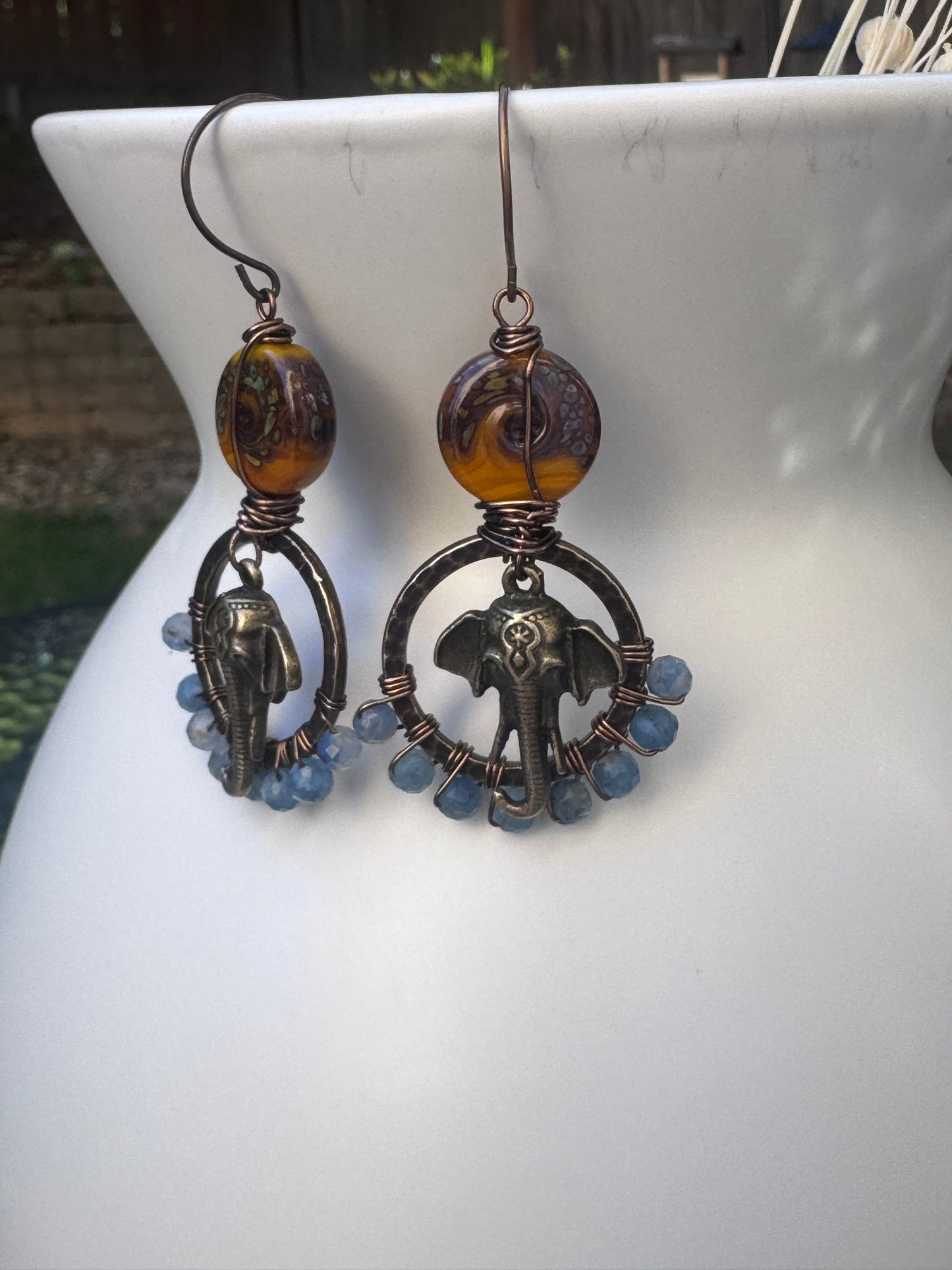 Blue kyanite, handmade lampwork glass, elephant charms, brass metal, earrings