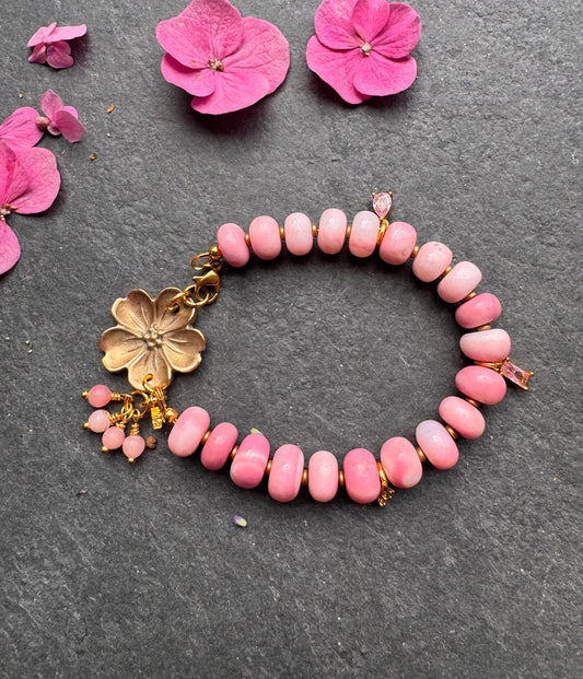 Pink opal, pink crystal and flower clasp bracelet
