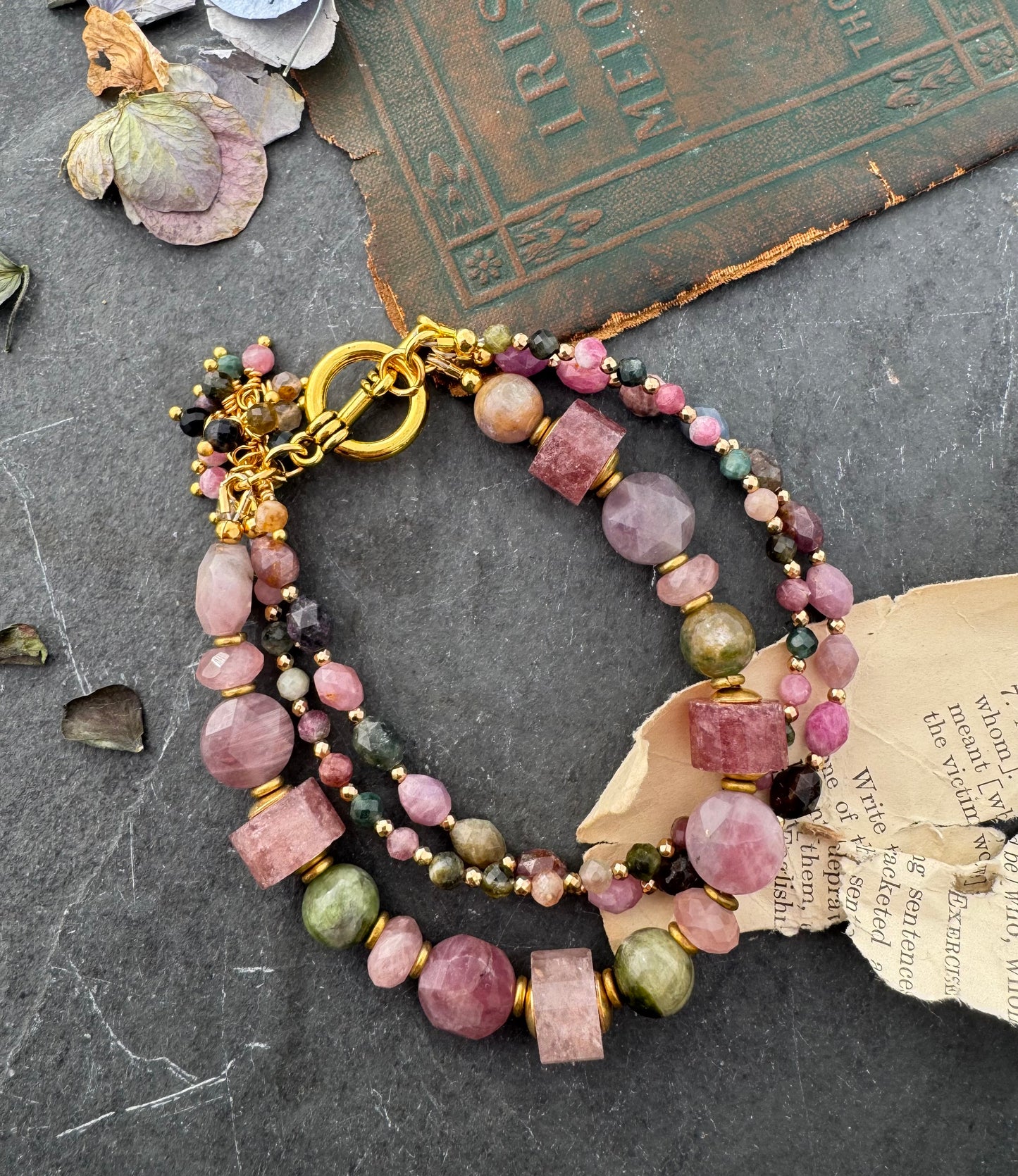 Watermelon tourmaline stone, rose quartz, strawberry quartz, hematite, gold metal, bracelet.