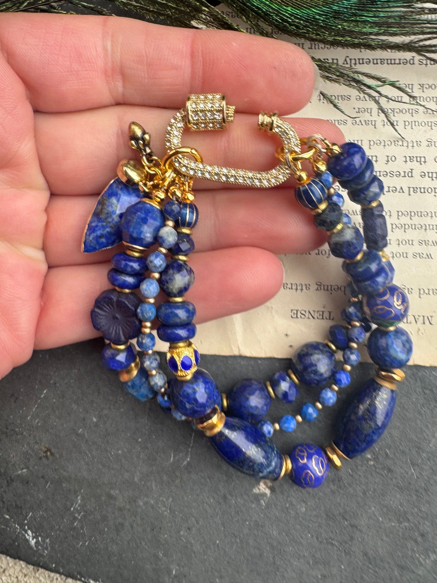 Lapis lazuli stone, cloisonné, Czech glass, gold metal, bracelet. Rhinestone carabiner clasp. 