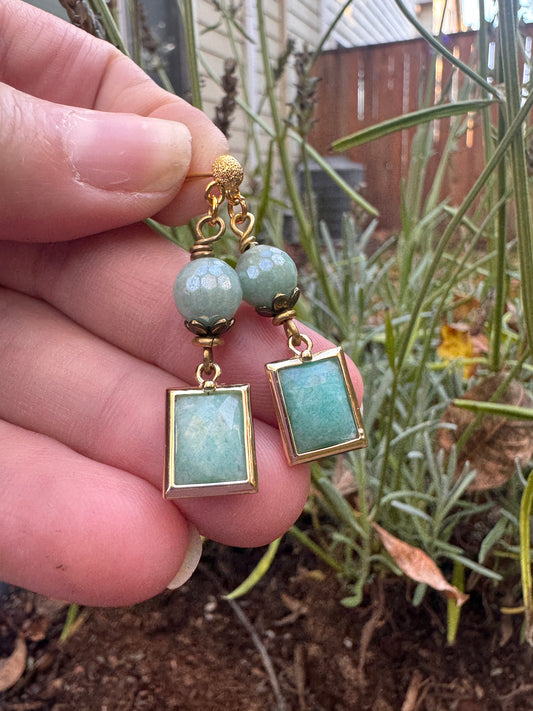 Amazonite stone, gold metal, rectangle drop, earrings
