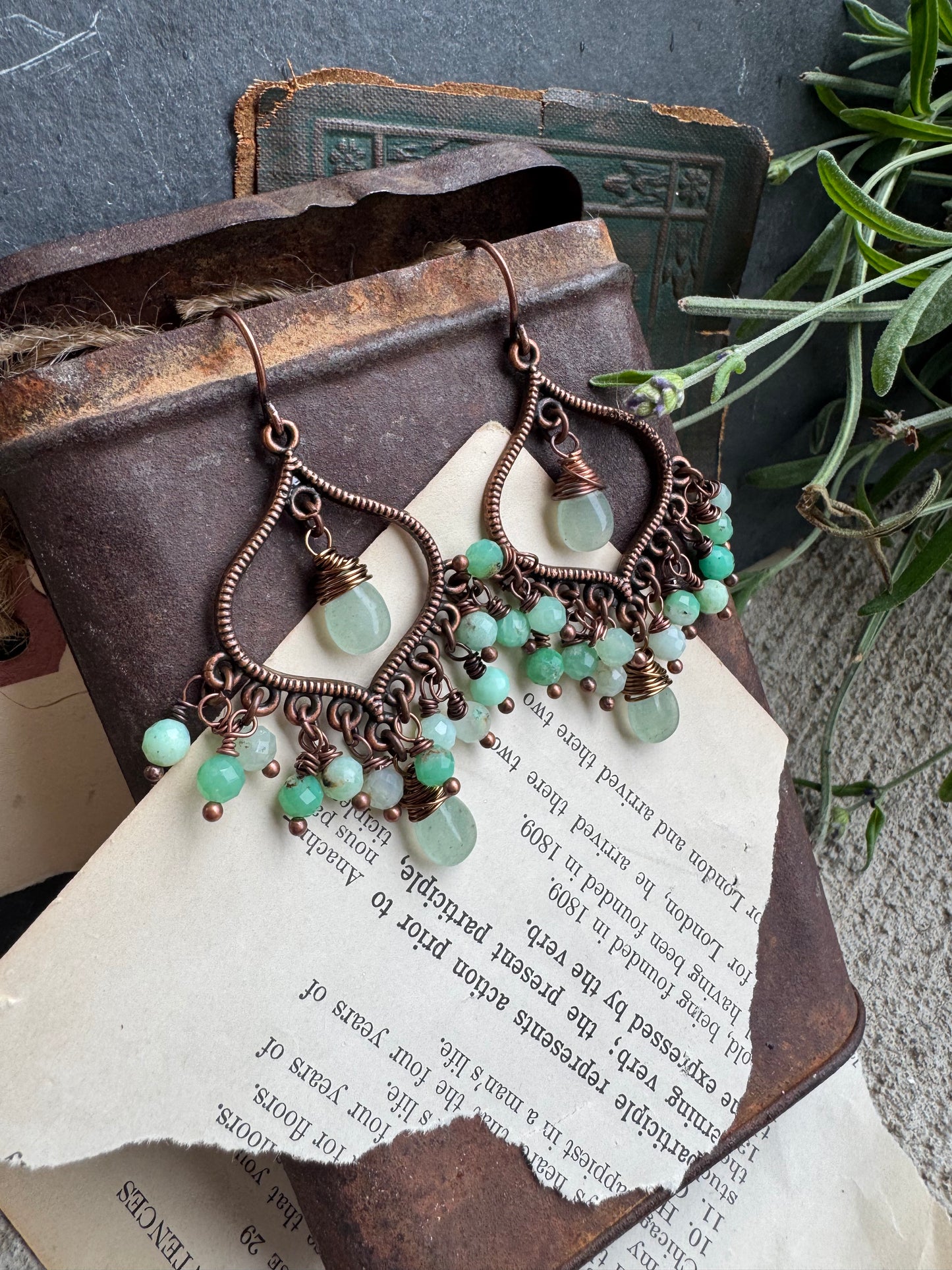 Chrysoprase stone, Drop detailed charms, copper earrings
