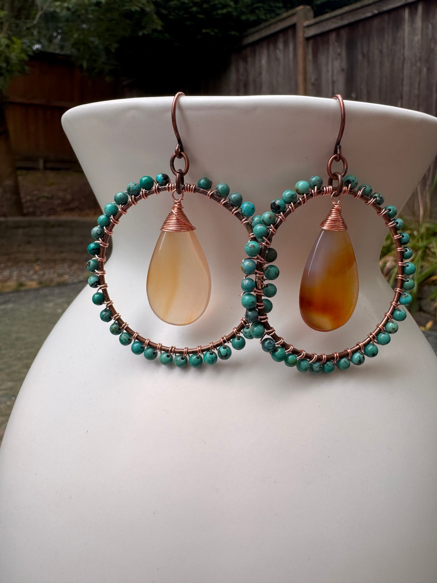 Turquoise, carneilan agate, stone, hammered copper metal hoop, earrings