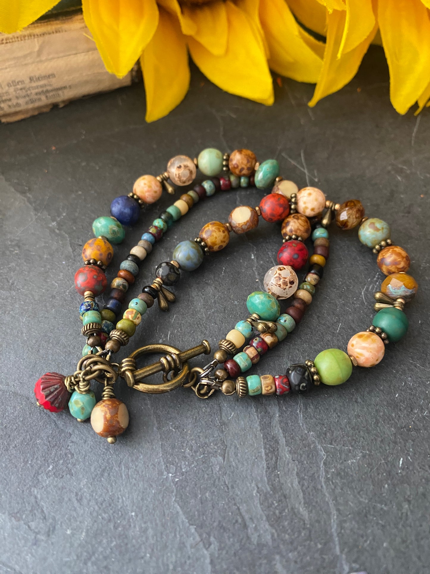Namaste. Czech glass, agate stone, multi strand, bronze metal bracelet. - Andria Bieber Designs