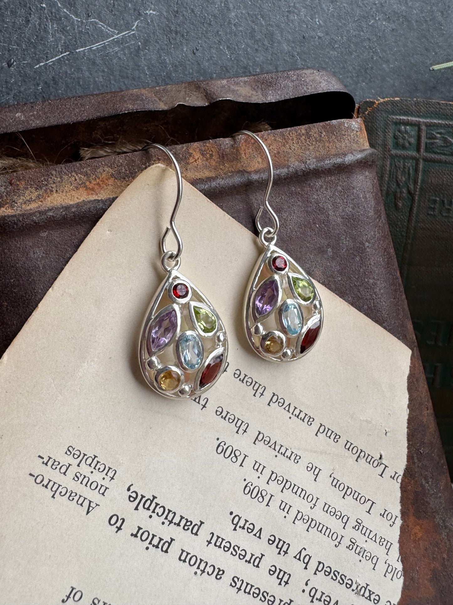 Sterling silver earrings. Garnet, amethyst, peridot, aquamarine stone mix.