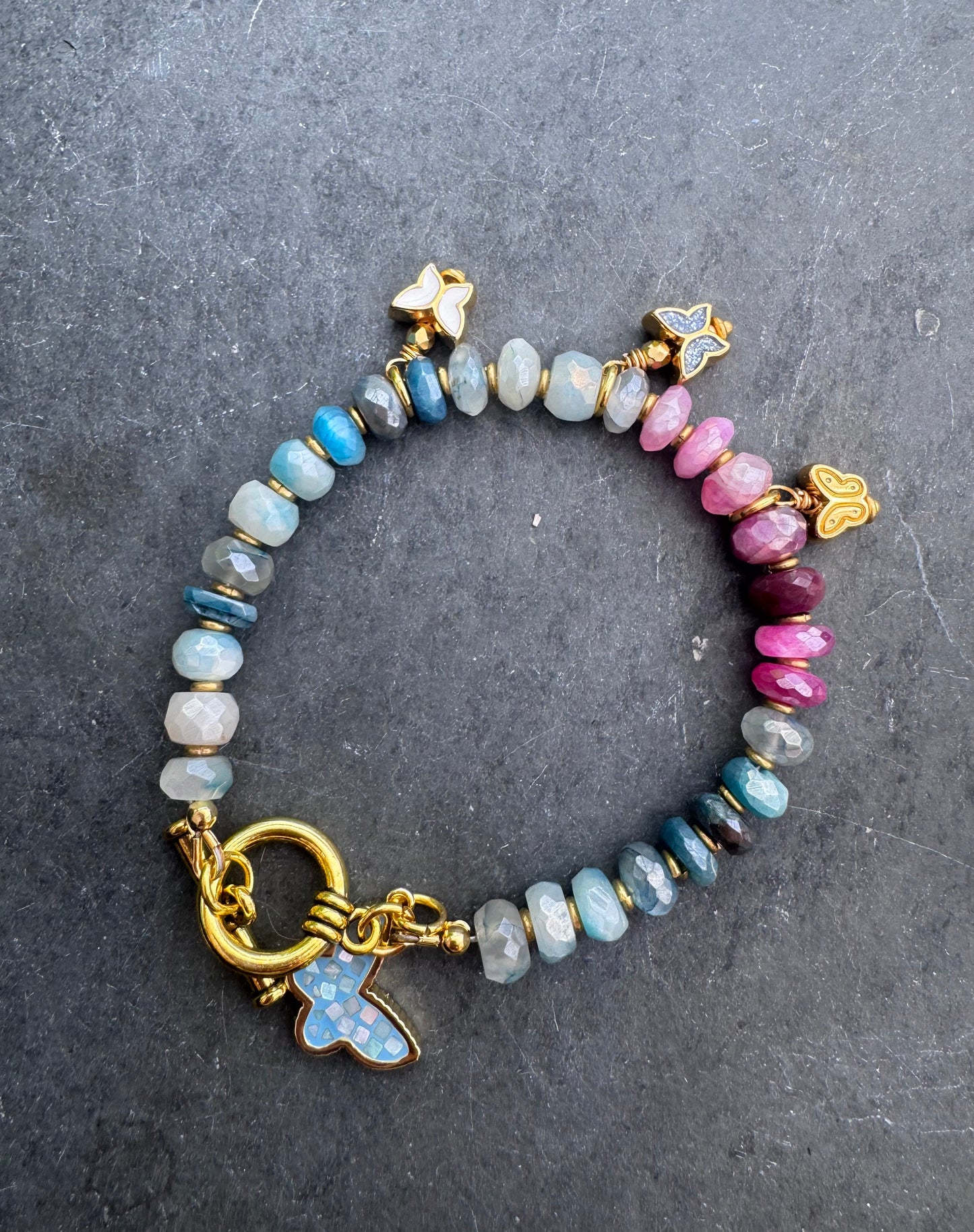Charm, blue and pink moonstone bracelet. gold metal bracelet.