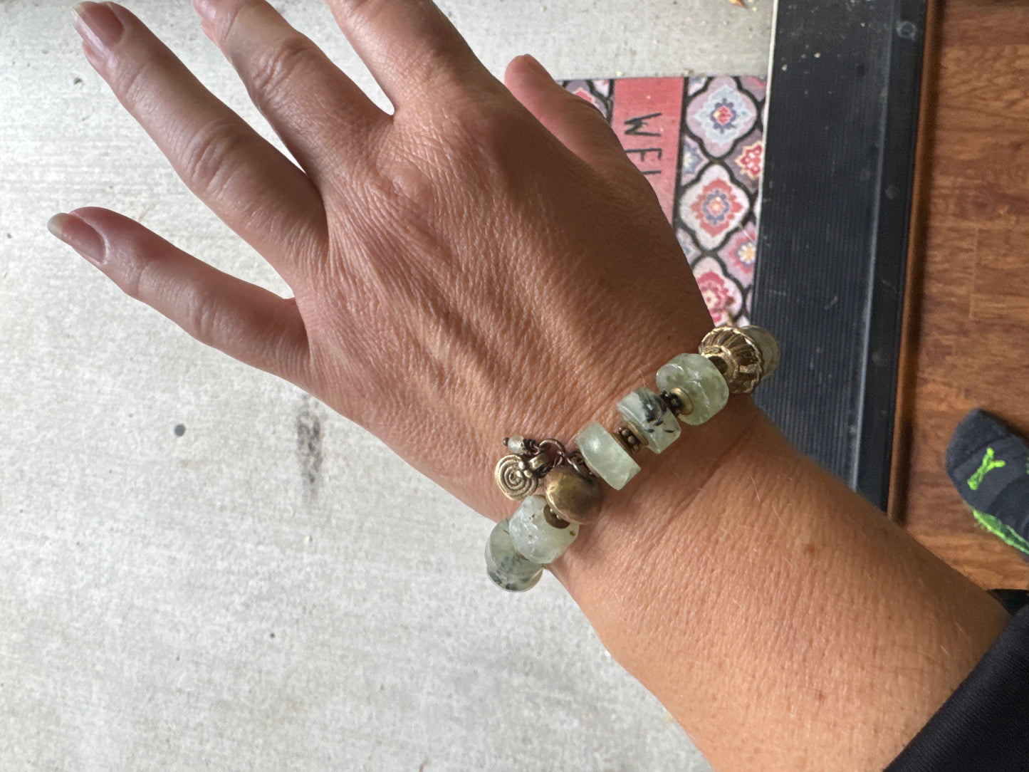 Prehnite stone, African brass, Chrysoprase stone, bracelet
