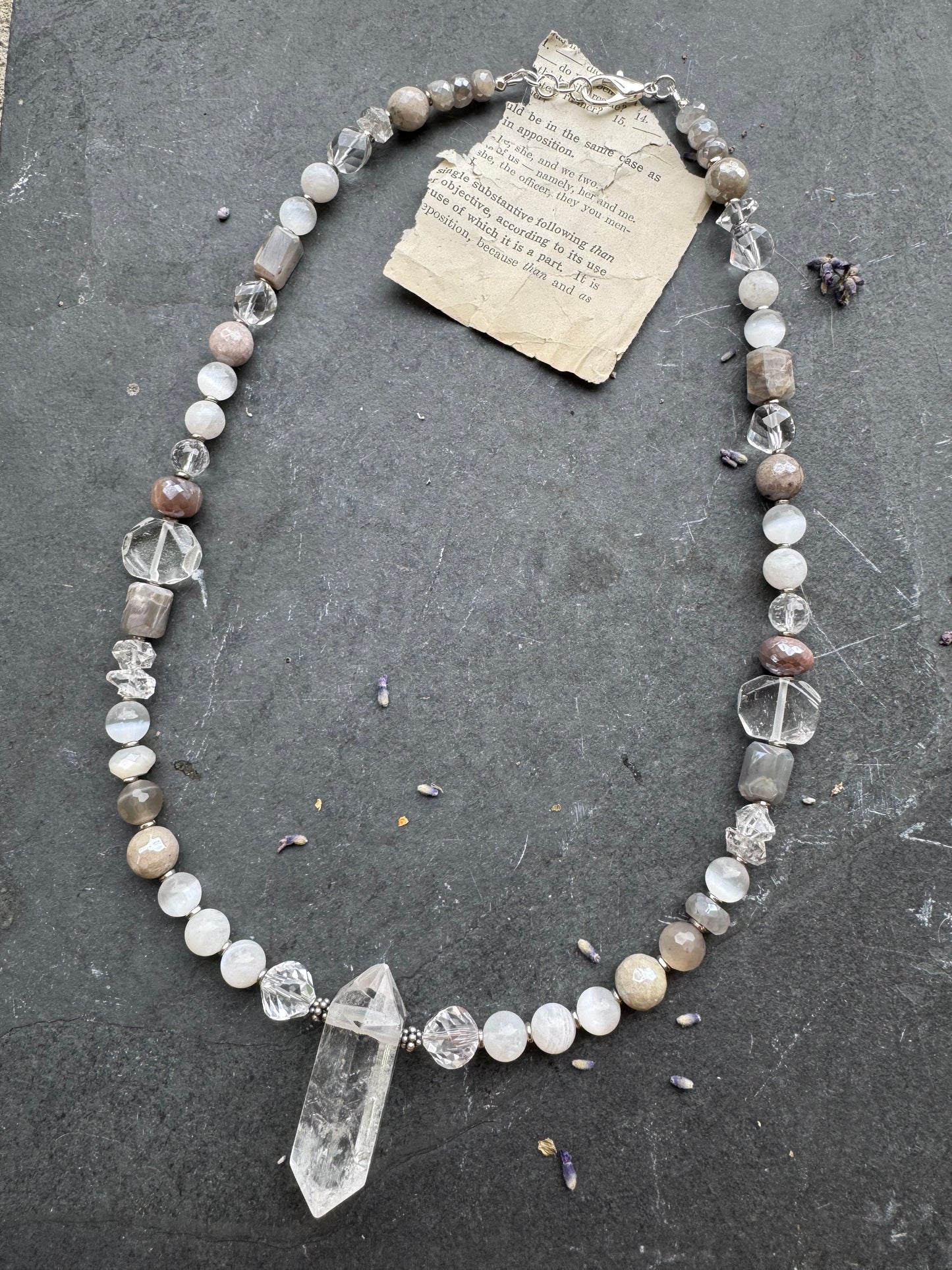 Labradorite stone, clear quartz, moonstone, crystal pendant, sterling silver metal, necklace.