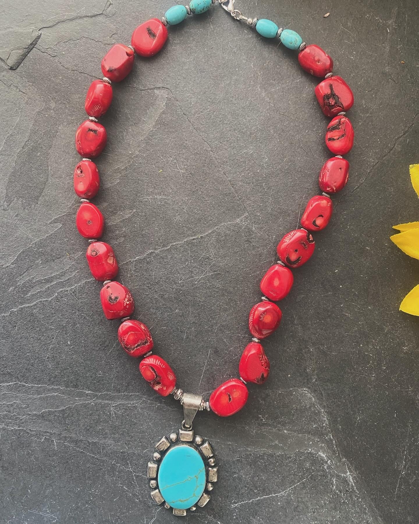Red coral, turquoise stone, turquoise pendant, silver metal, necklace