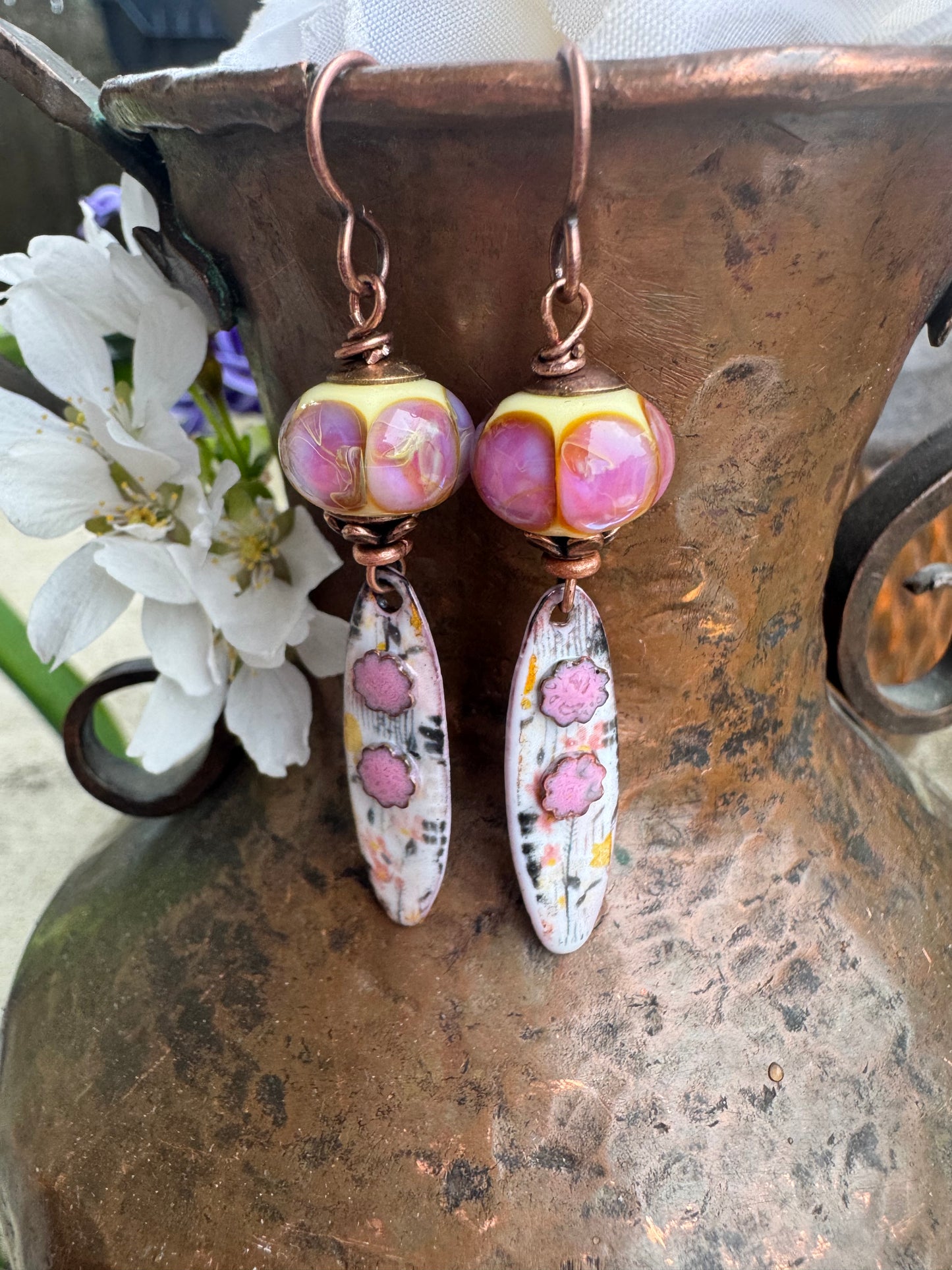 Enamel charm in glass and copper metal, lampwork glass, earrings