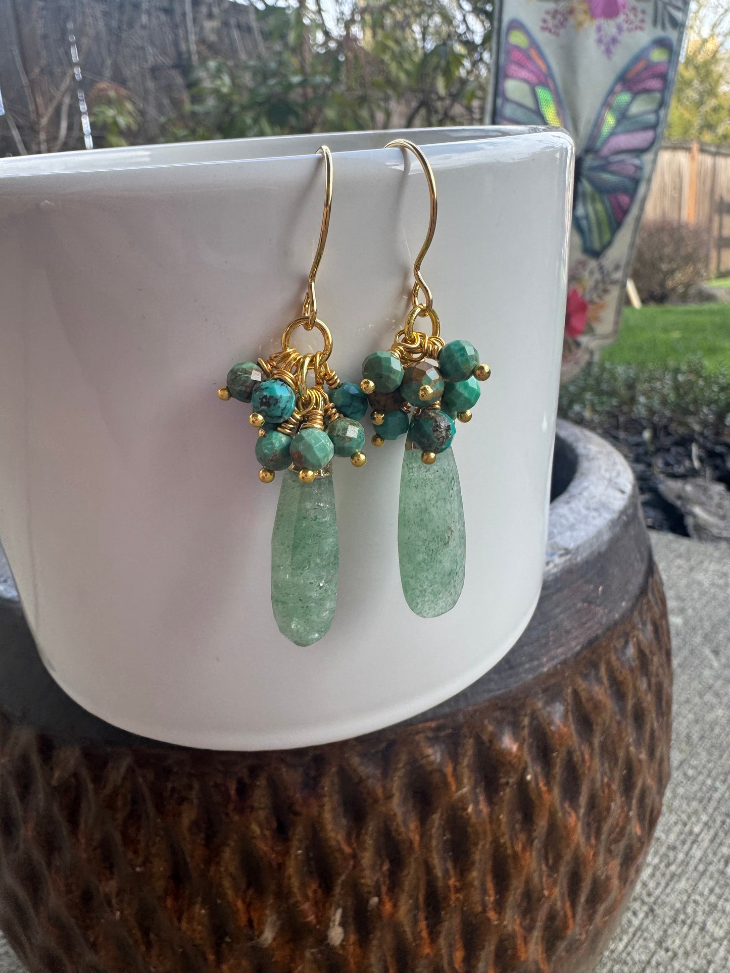 Turquoise, aventurine stone, gold metal, earrings