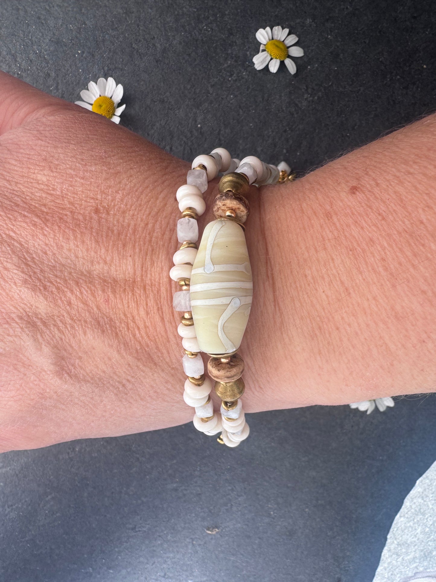 Moonstone,Java glass, African brass, bracelet