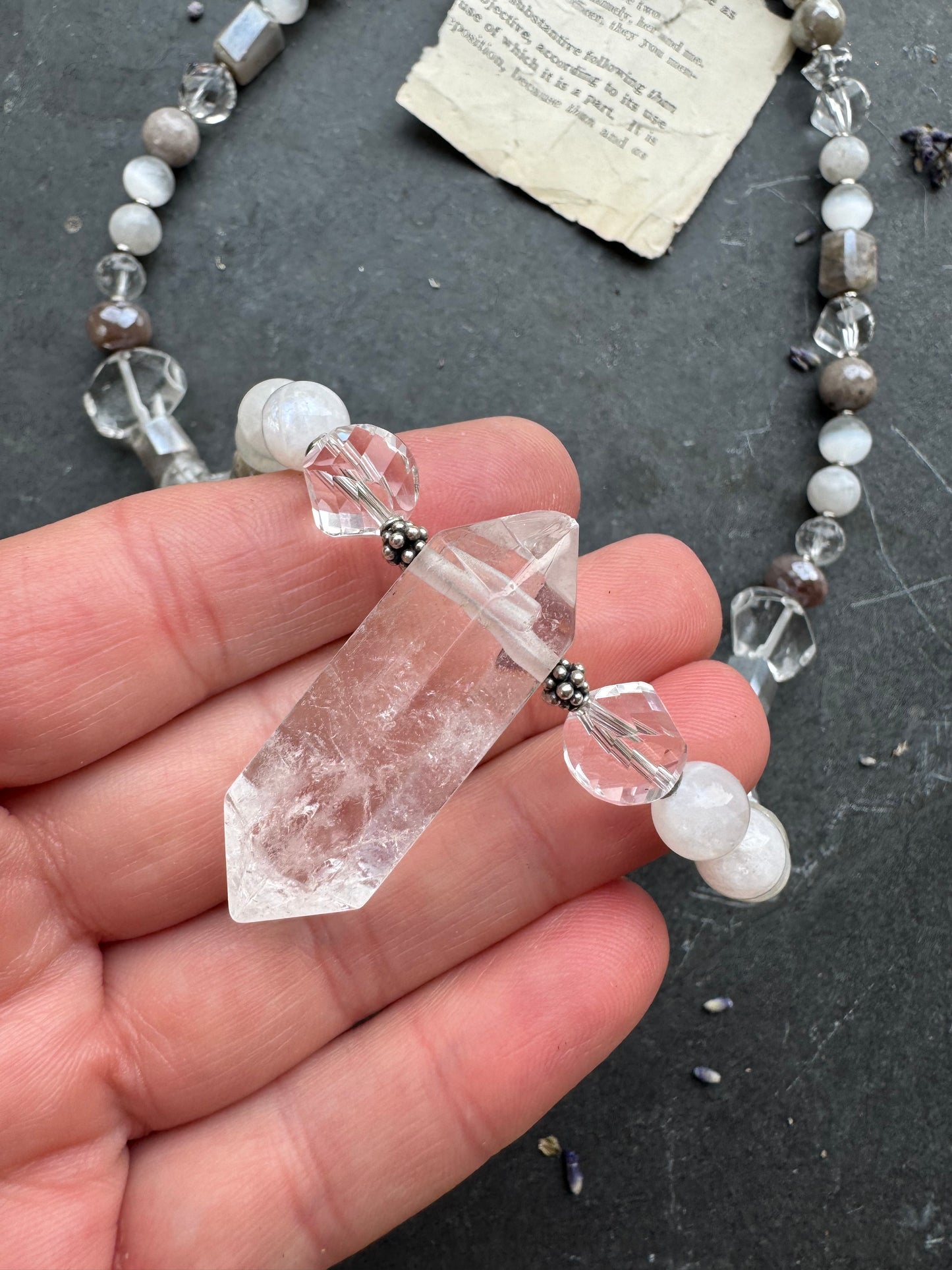 Labradorite stone, clear quartz, moonstone, crystal pendant, sterling silver metal, necklace.