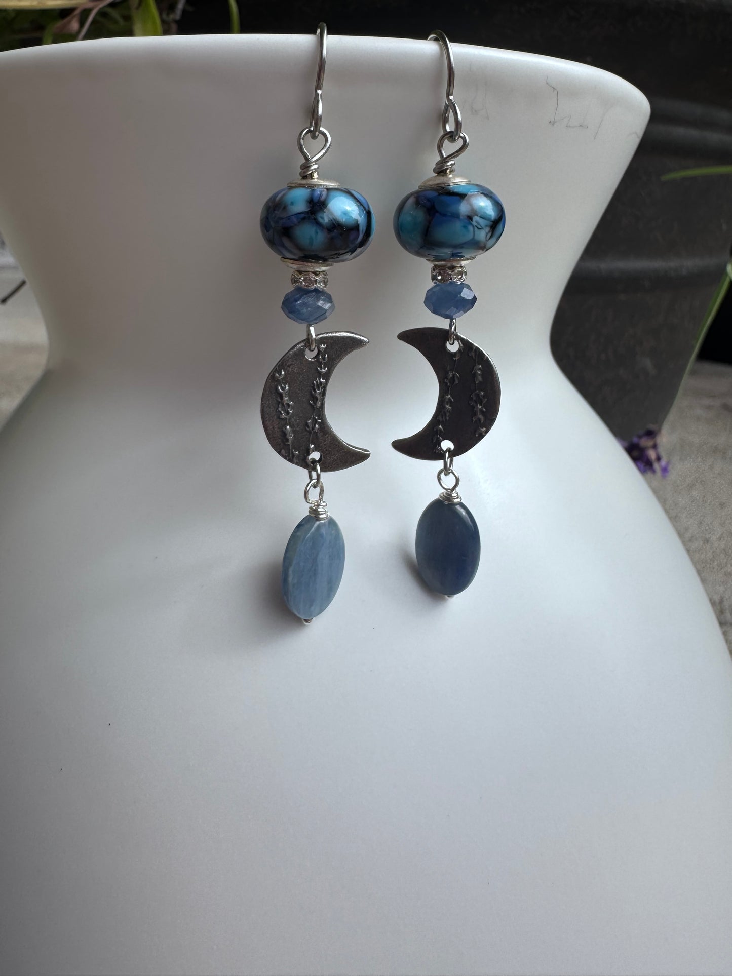 Handmade lampwork glass, kyanite, pewter silver moon and flower charm, earrings
