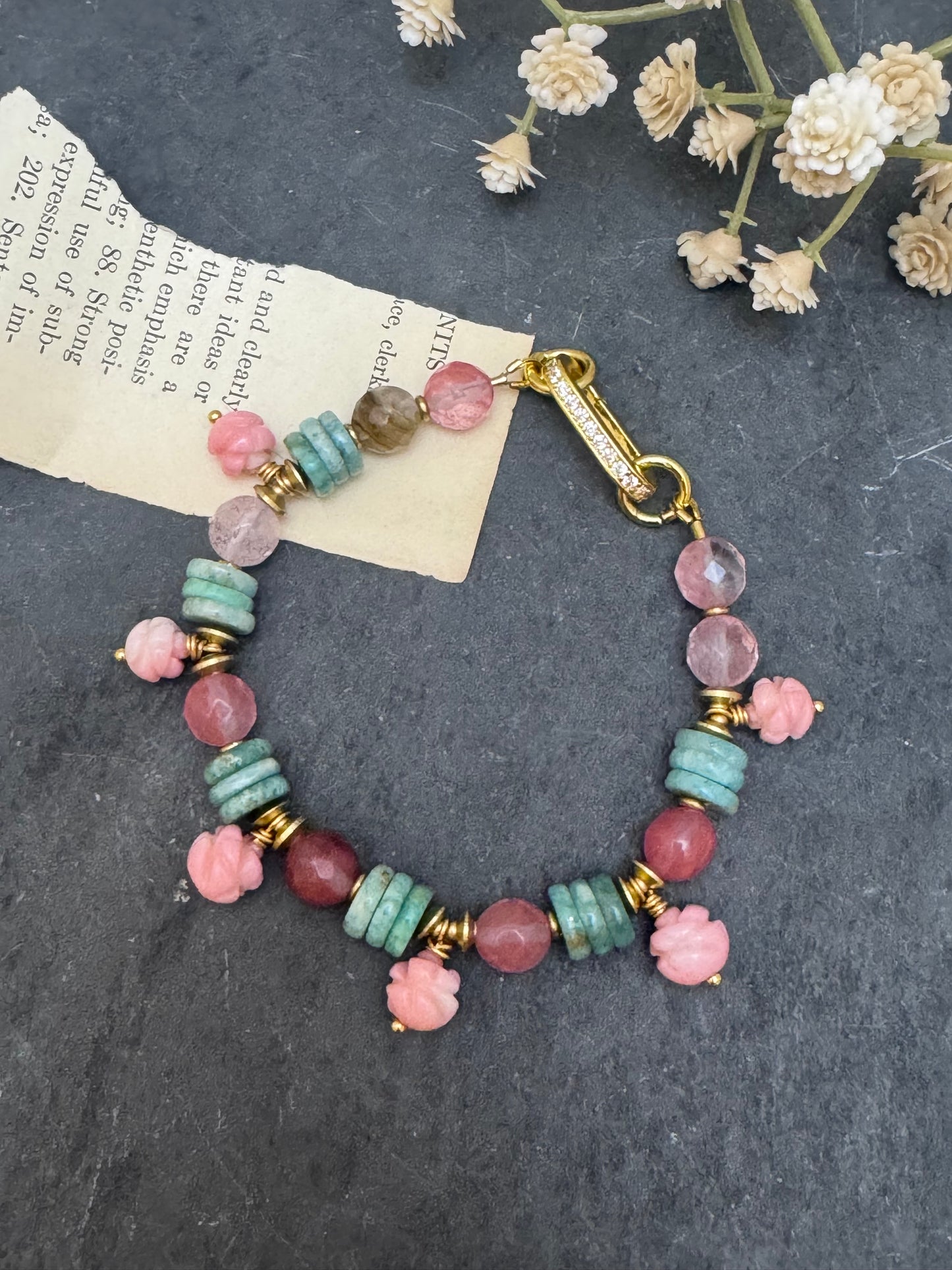 Natural Sea Blue Peruvian Amazonite, pink opal stone flowers, agate, brass metal, bracelet ( vintage beads)