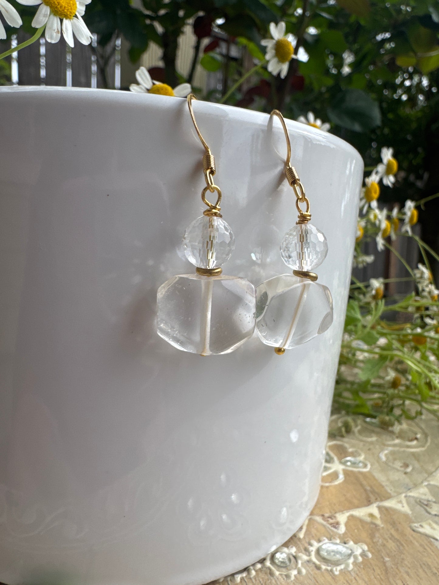 Clear quartz stone, gold metal, earrings