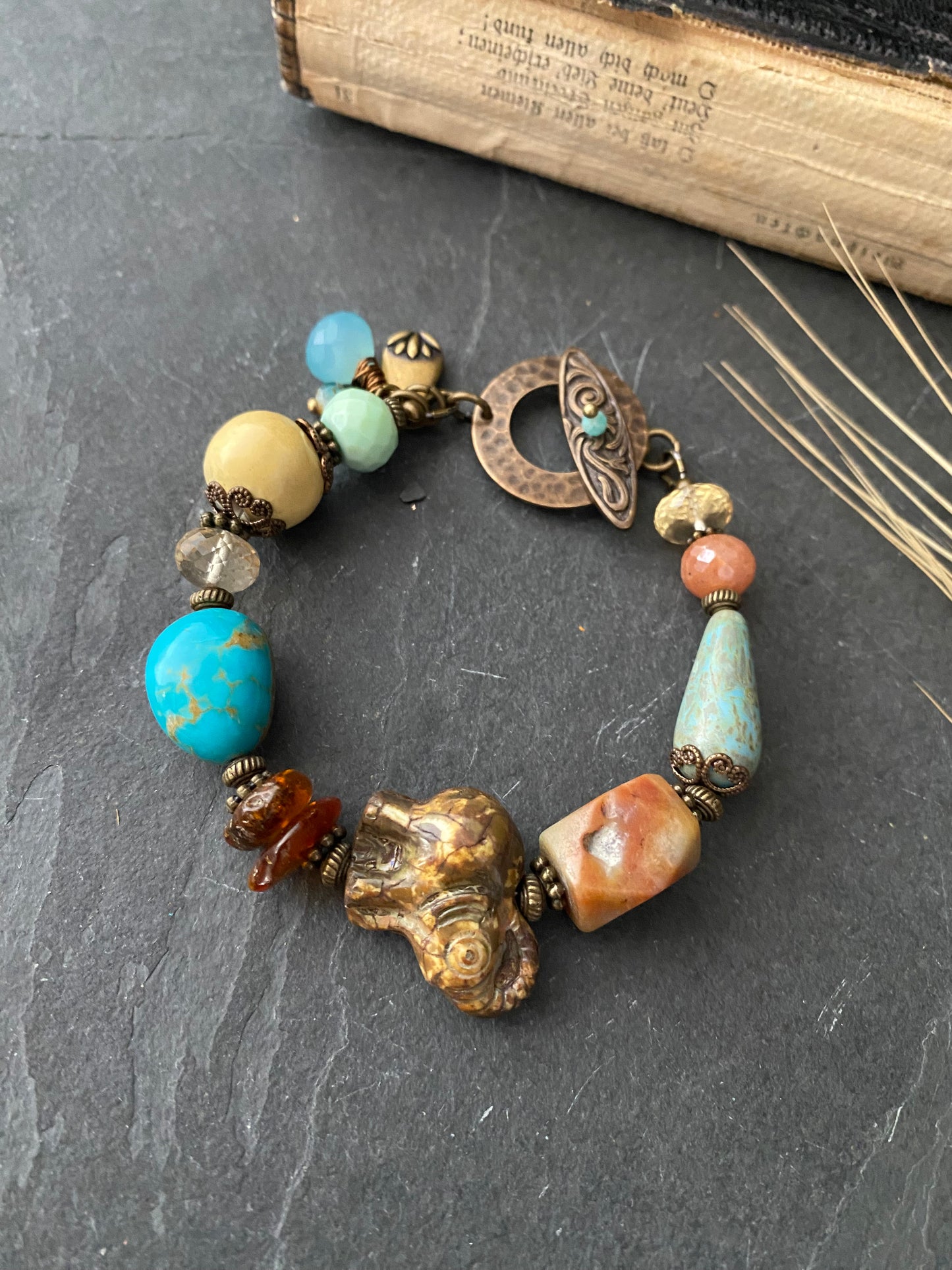 Turquoise, amber, citrine, ceramic, elephant czech glass, bronze metal, bracelet, jewelry