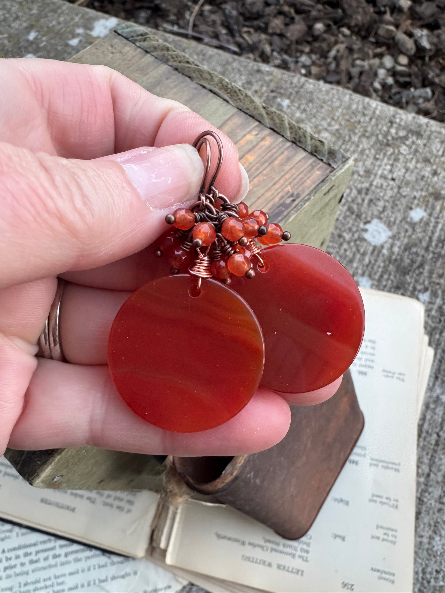 Carnelian agate stone, orange, copper metal, earrings