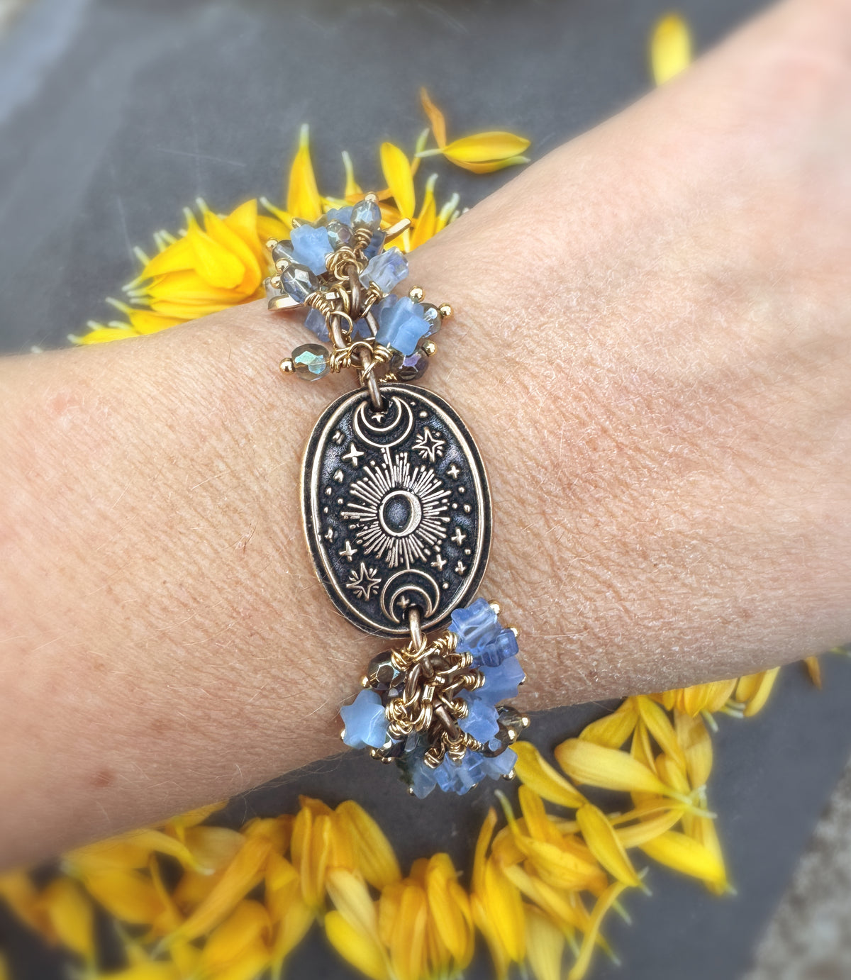 Moon and stars. Mexican calcite star stones, handmade bronze celestial pendant, moon & star charms, bracelet