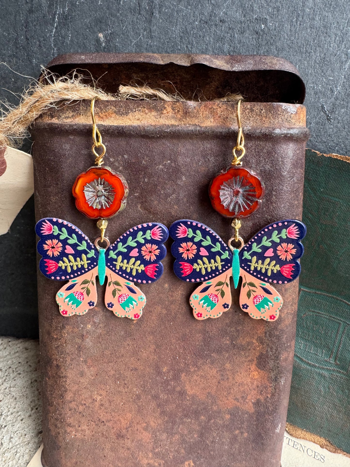Enamel butterfly floral charm and flower Czech glass lightweight earrings